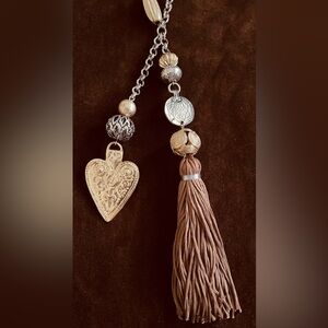 Chicos silver chain necklace, gold tone, beads/charms w/soft taupe tassel 22”